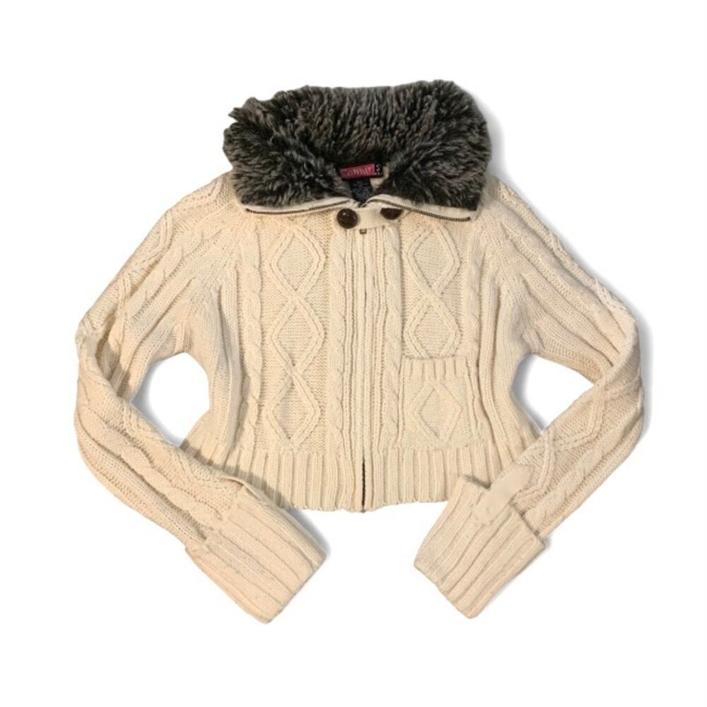Say What? Y2K Cream Fur Trim Knit Full Zip Sweater Medium